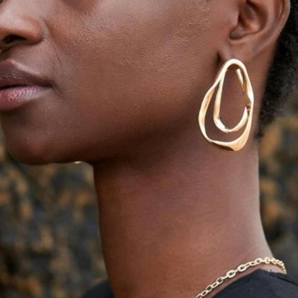 Gold hoop Hammered plated thick double layer boho big earrings - Picture 7 of 17